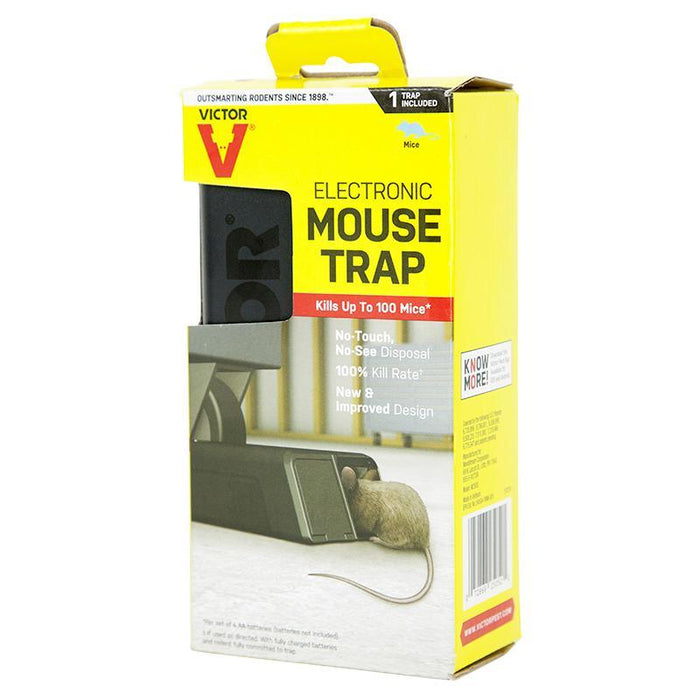 Victor Electronic Mouse Trap product box. Kills up to 100 mice. No-touch, no-see disposal. Effective rodent and pest control.