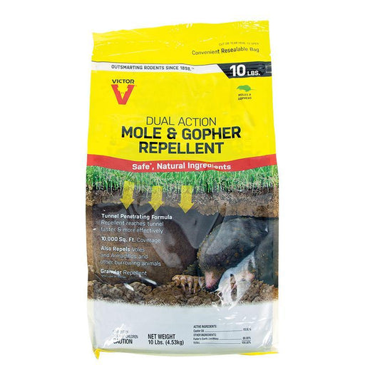Victor Dual Action Mole & Gopher Repellent, 10 LBS. Granular, natural formula repels moles, gophers, voles, armadillos.
