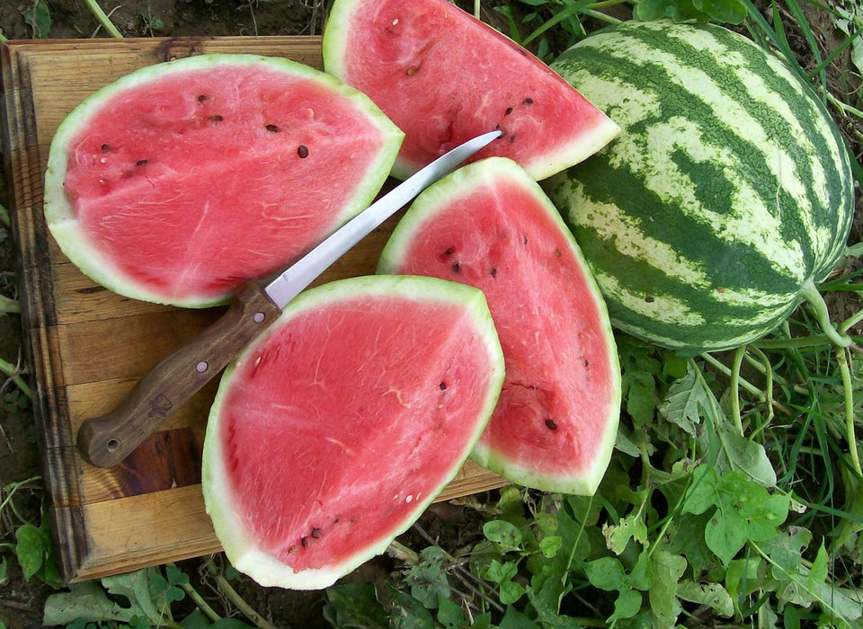 Freshly sliced ripe watermelon and a whole striped melon with a knife on a wooden board. Summer fruit harvest.