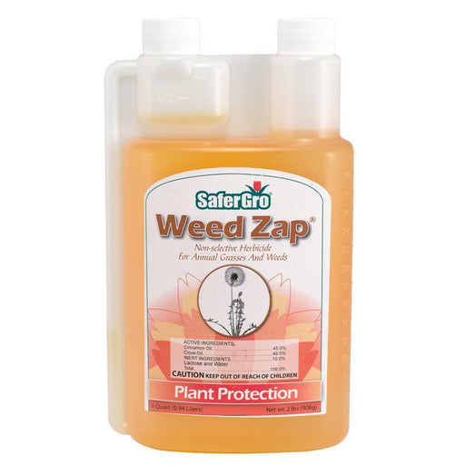 SaferGro Weed Zap non-selective herbicide for annual grasses and weeds. Organic plant protection in a 1-quart bottle.