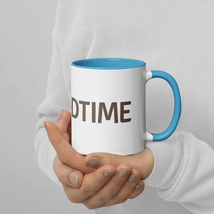 Person holding a white mug with blue handle & rim, featuring "DTIME" text. Ceramic coffee cup, tea mug.