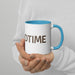 Person holding a white mug with blue handle & rim, featuring "DTIME" text. Ceramic coffee cup, tea mug.