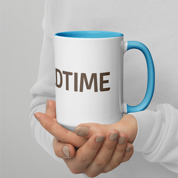 Hands holding a white ceramic mug with blue rim and handle. Brown "DTIME" text printed on the side.