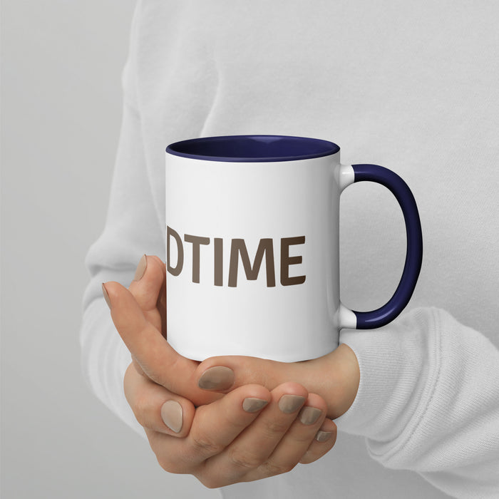 White ceramic mug with navy blue interior & handle, 'DTIME' text, held by hands. Personalized coffee cup.