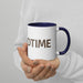 White ceramic mug with navy blue interior & handle, 'DTIME' text, held by hands. Personalized coffee cup.