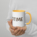 White ceramic mug with yellow handle & interior, featuring "DTIME" text, held by hands.