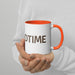 White ceramic coffee mug with orange handle & rim, featuring "DTIME" text. Held by hands in a white sweater.