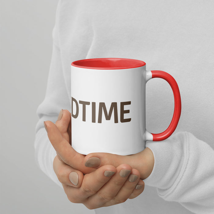 Person holding a white ceramic mug with red handle & interior, featuring "DTIME" text. Perfect for coffee or tea.