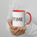 Person holding a white ceramic mug with red handle & interior, featuring "DTIME" text. Perfect for coffee or tea.
