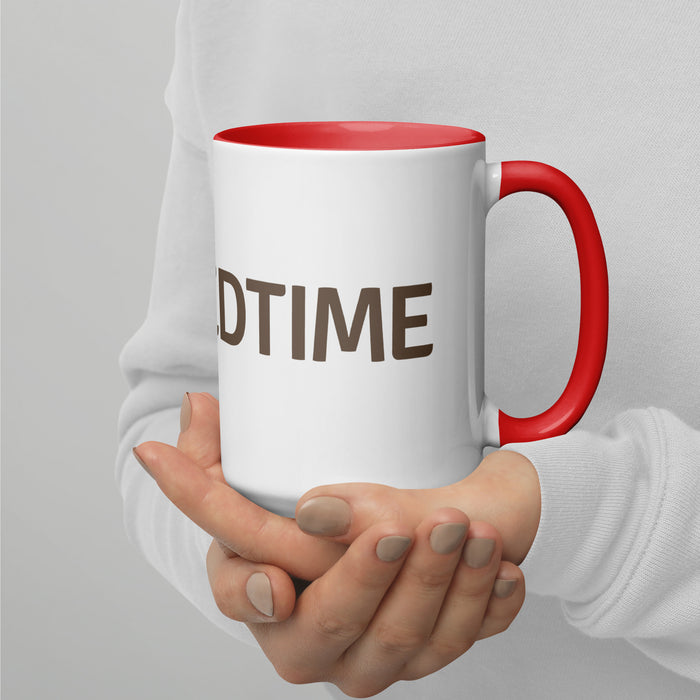 White ceramic coffee mug with red handle & interior, held by hands. Features "DTIME" text.
