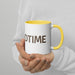White ceramic mug with yellow handle and rim, held by hands. Features brown text "DTIME". Ideal for coffee or tea.