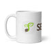 White coffee mug featuring a green sprouting seed logo and partial "SEED" text.