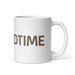 White ceramic coffee mug with brown "BEDTIME" text. Perfect for coffee, tea, or cozy drinks.