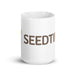 White ceramic coffee mug with "SEEDTIME" in brown text and a green sprout logo. Ideal for gardeners or inspirational gifts.