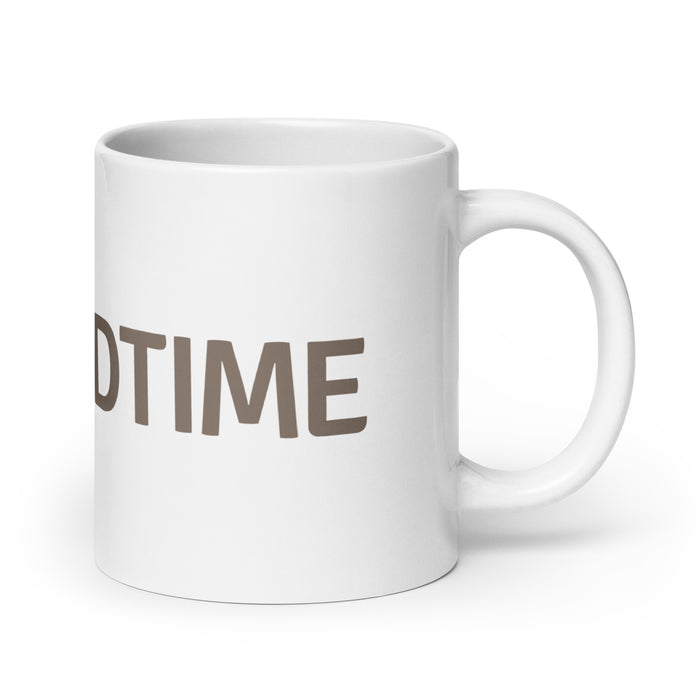 White ceramic coffee mug with brown "DTIME" text. Simple, elegant design for home or office.