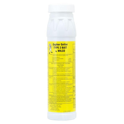 Wilco Gopher Getter Type 2 Bait in a white bottle with yellow label for effective gopher and rodent pest control.