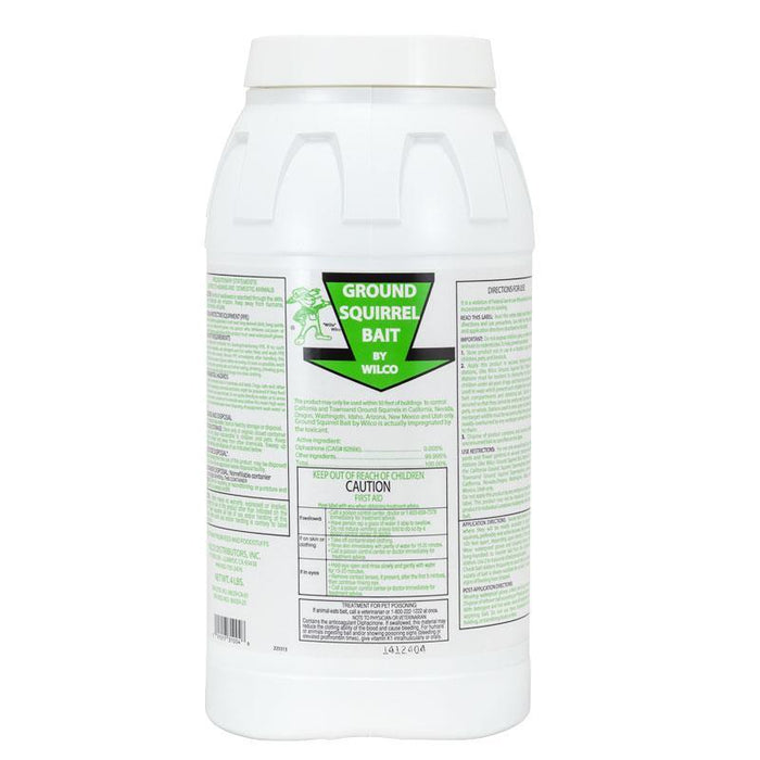 Wilco Ground Squirrel Bait, 4 lbs container. Green label, rodenticide for effective squirrel pest control.