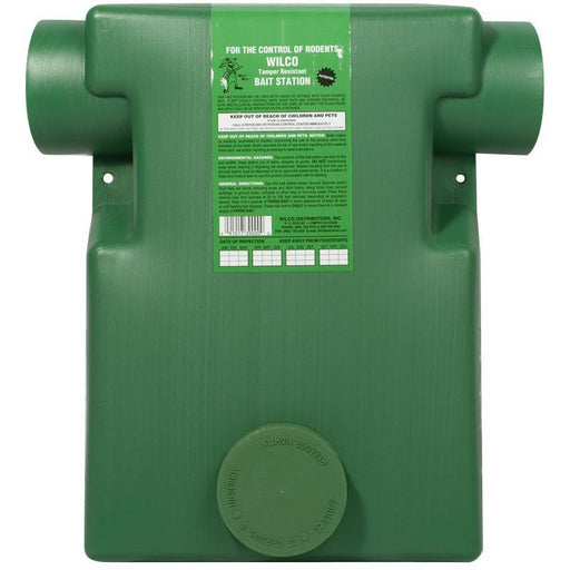 Green WILCO tamper resistant rodent bait station for effective pest control and rodent management.