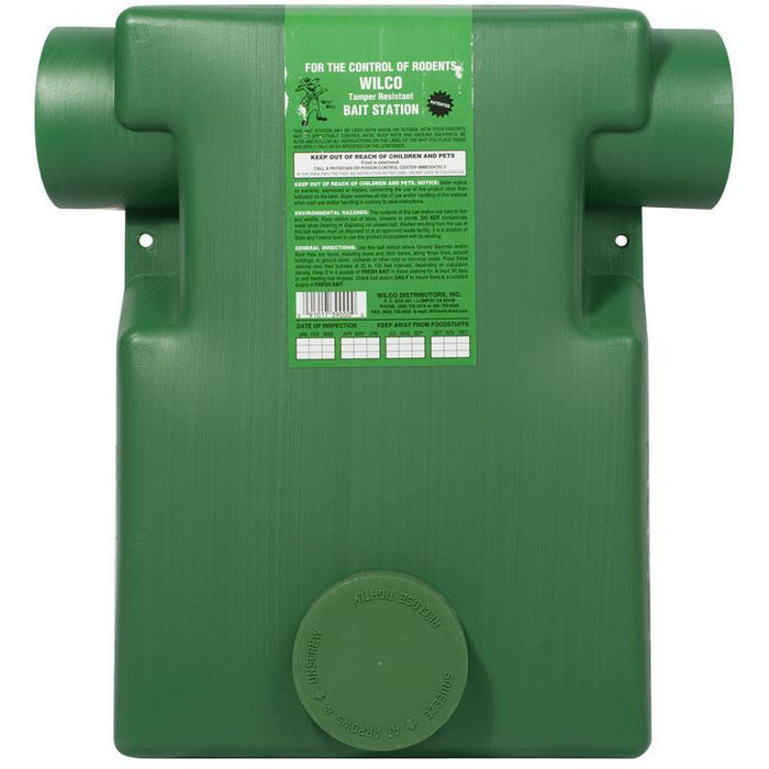 Green WILCO tamper resistant rodent bait station for effective pest control and rodent management.