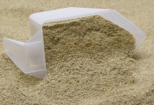 Clear plastic scoop with light brown granular powder spilling. Protein, dietary supplement, fitness ingredient.