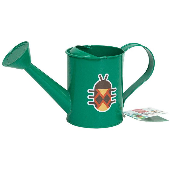 Green kids watering can with a colorful beetle design, perfect for young gardeners.