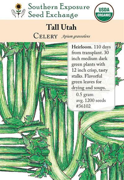 USDA Organic Tall Utah heirloom celery seed packet by Southern Exposure Seed Exchange, with green celery stalks.