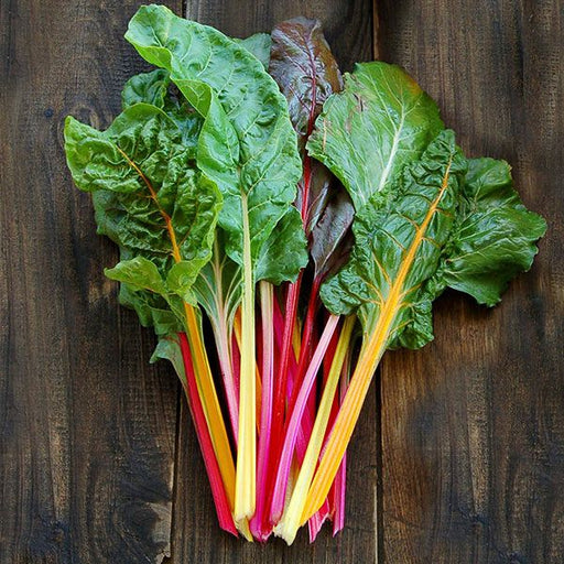 Fresh rainbow Swiss chard bunch with vibrant green leaves and colorful red, yellow, orange stems on dark wood.