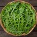 Vibrant fresh arugula leaves in a rustic wicker basket. Healthy, organic rocket salad greens.