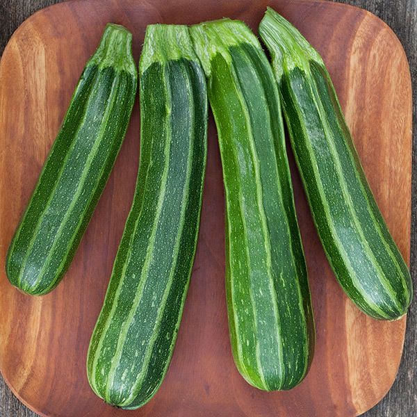 Four fresh green striped zucchini vegetables on a rustic wooden board. Organic summer squash produce.