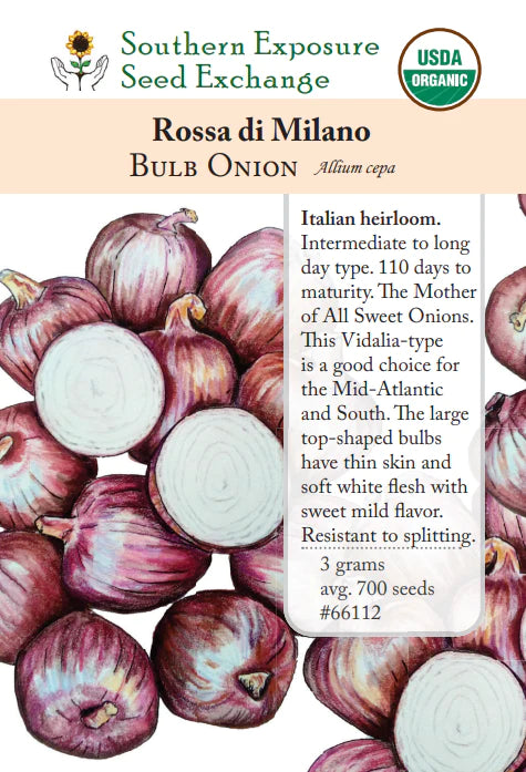 Rosso di Milano organic heirloom sweet bulb onions, whole & sliced, with white flesh. Southern Exposure Seed Exchange.