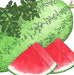 Ripe green watermelon with leaves and two juicy red slices. Fresh summer fruit.