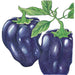 Two deep purple bell peppers on a vine with green leaves. Vibrant illustration of fresh garden produce.