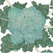Vibrant blue-green broccoli head botanical illustration with textured dark green leaves.