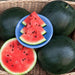 Dark green watermelons, one cut open revealing red flesh and seeds, slices on a blue plate, in a wicker basket.