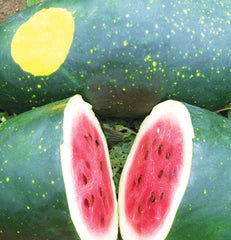 Fresh whole green watermelons with yellow spots, one cut open revealing red flesh and black seeds.