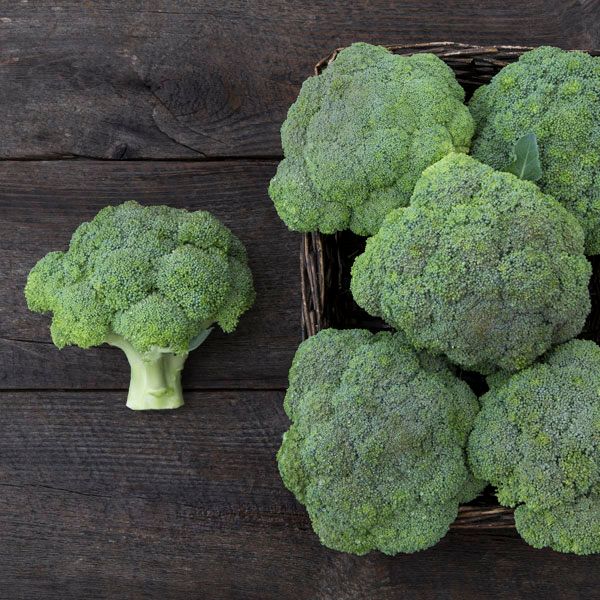 Fresh green broccoli heads in a woven basket and on dark rustic wood. Healthy raw vegetables.