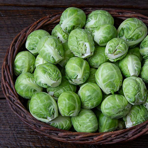 Fresh green Brussels sprouts overflowing a woven basket on a dark wooden table.