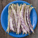Vibrant speckled purple and cream beans piled on a blue plate. Rustic wood background. Fresh garden produce.