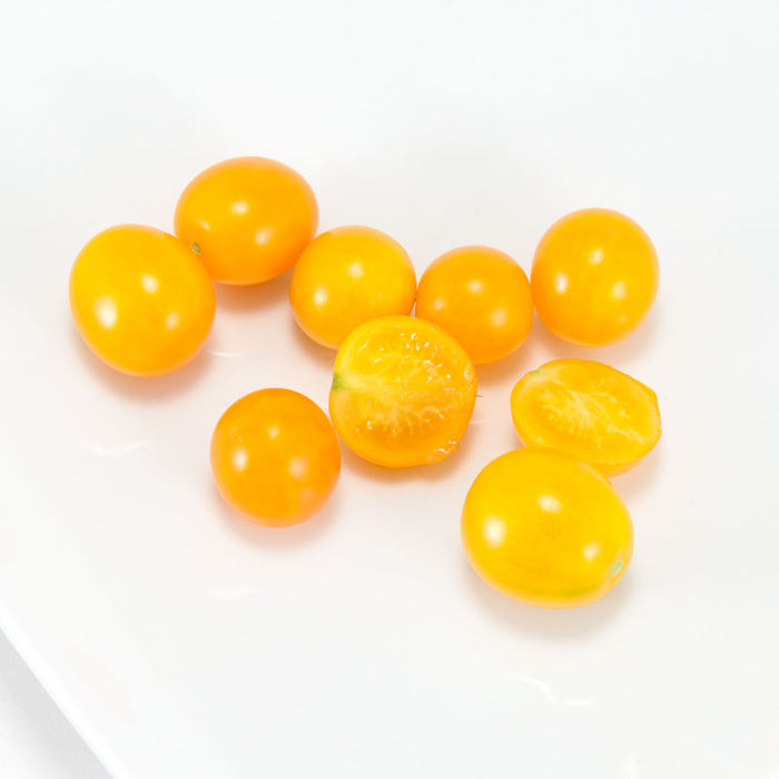 Fresh golden yellow cherry tomatoes, whole and halved, on white. Healthy ripe garden produce.