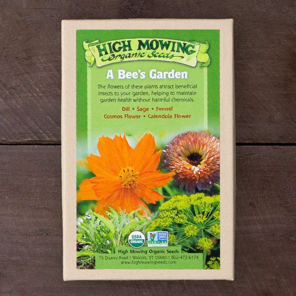 High Mowing Organic Seeds "A Bee's Garden" seed packet. Attracts beneficial insects with cosmos, calendula, dill, sage, fennel.