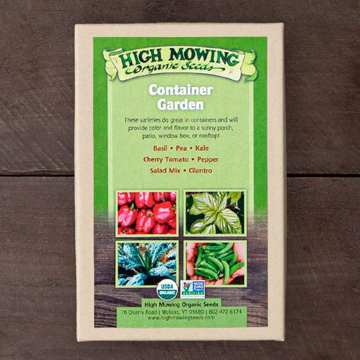 High Mowing Organic Seeds Container Garden kit: basil, peas, kale, cherry tomatoes, peppers, salad mix, cilantro. USDA Organic.