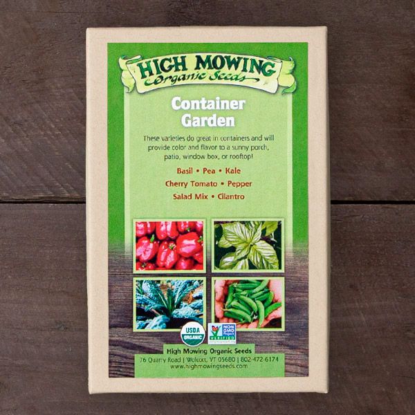 High Mowing Organic Seeds Container Garden kit: basil, peas, kale, cherry tomatoes, peppers, salad mix, cilantro. USDA Organic.