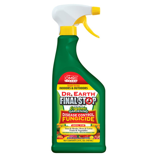 Dr. Earth Final Stop Organic Fungicide spray, OMRI listed for indoor/outdoor disease control on plants, fruits, vegetables.