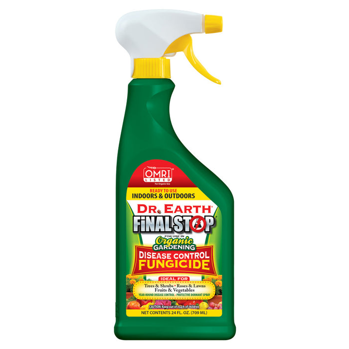Dr. Earth Final Stop Organic Fungicide spray, OMRI listed for indoor/outdoor disease control on plants, fruits, vegetables.