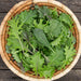 Vibrant mixed greens, kale, arugula, and mustard in a natural woven basket. Fresh healthy salad vegetables.