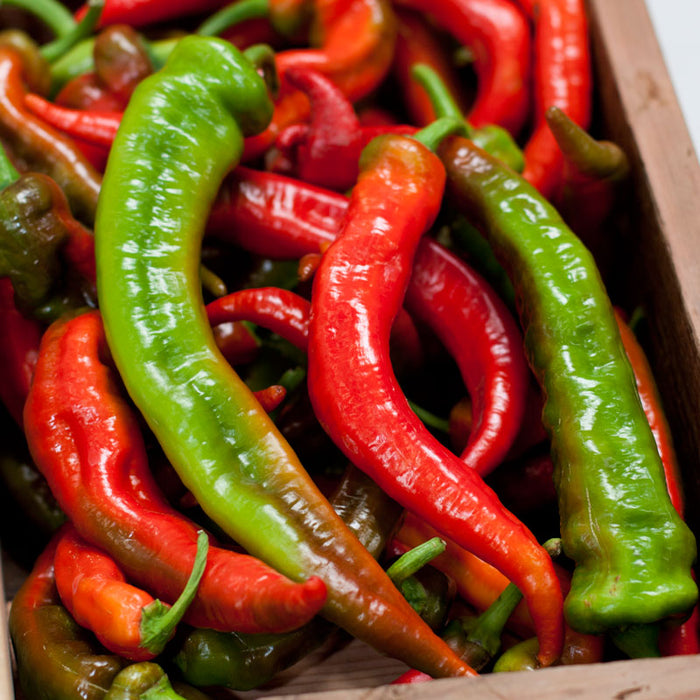 Fresh red and green chili peppers, vibrant and hot. Piled in a rustic wooden crate.