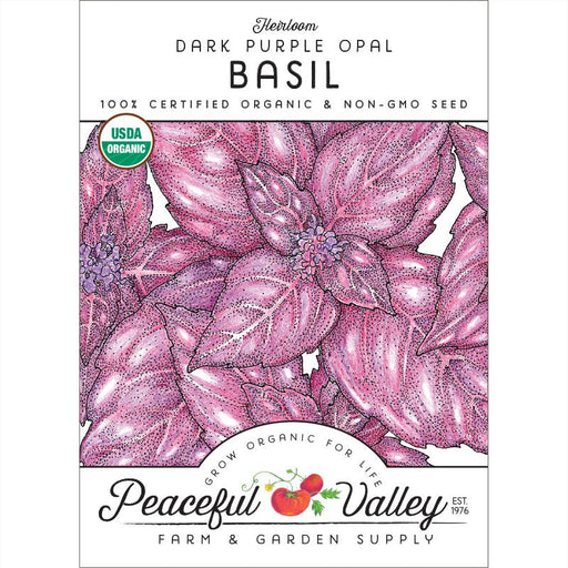 Organic Heirloom Dark Purple Opal Basil seed packet. Non-GMO. Illustration of vibrant purple basil leaves and flowers.