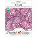Organic Heirloom Dark Purple Opal Basil seed packet. Non-GMO. Illustration of vibrant purple basil leaves and flowers.