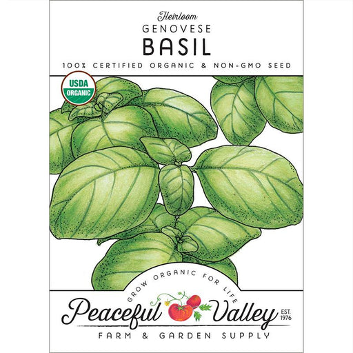 Heirloom Genovese Basil organic seeds packet. Green basil leaves, USDA Organic, Non-GMO. Peaceful Valley Farm & Garden Supply.
