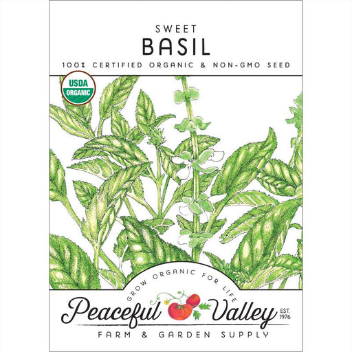 Sweet Basil organic non-GMO seed packet. USDA certified basil plant illustration by Peaceful Valley.